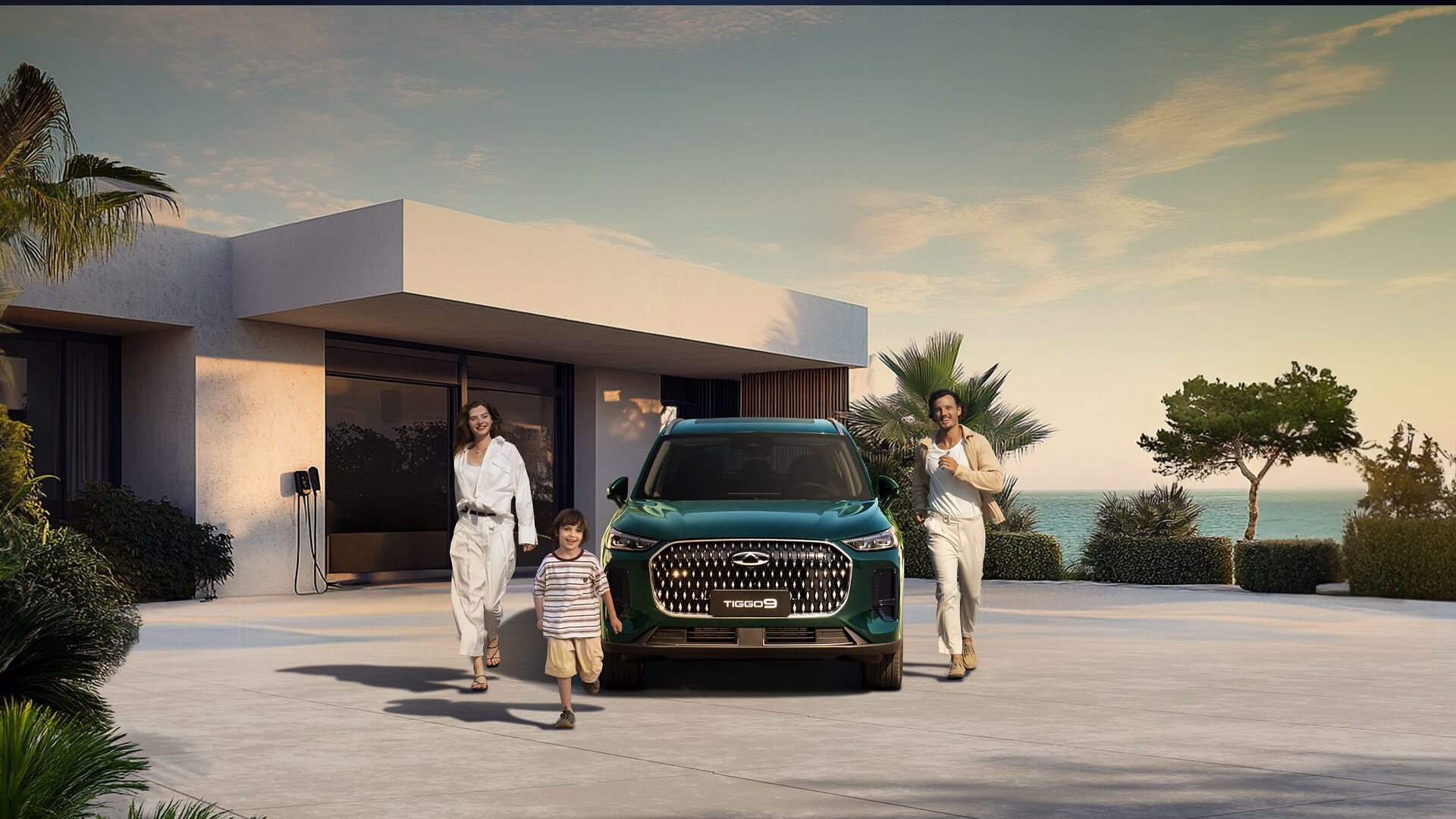 Chery Tiggo 9 Pro with family at luxury beachfront residence